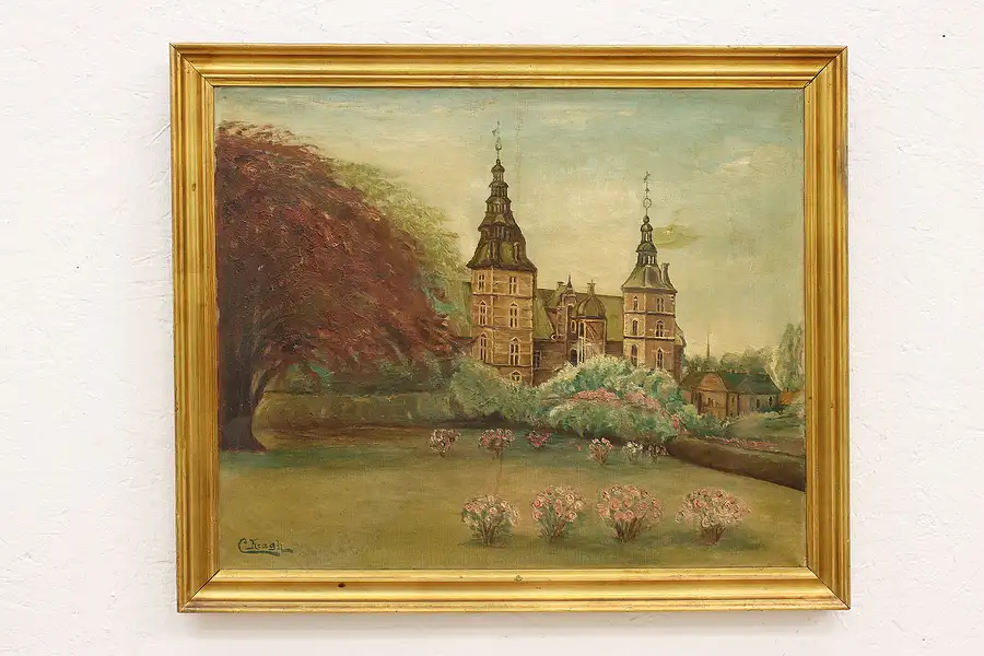 Main image of Scandinavian Church & Courtyard Antique Original Oil Painting Kragh 25.5"