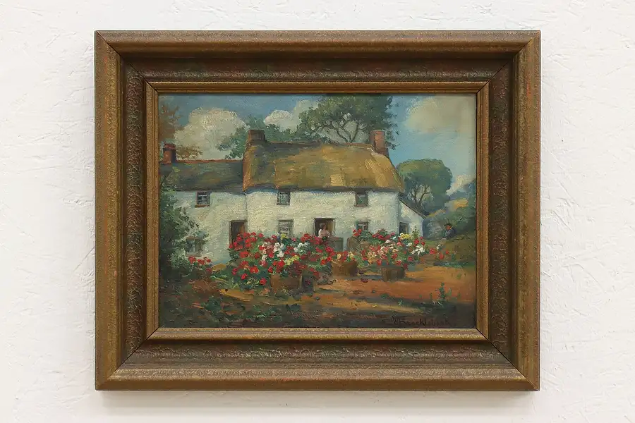 Main image of Thatched Cottage & Garden Antique Original Oil Painting Brocklebank 21.5"