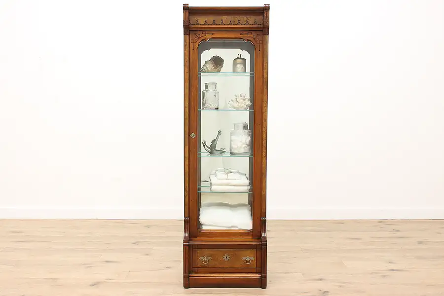 Main image of Victorian Eastlake Antique Walnut & Burl Bookcase, Bath, Display Cabinet