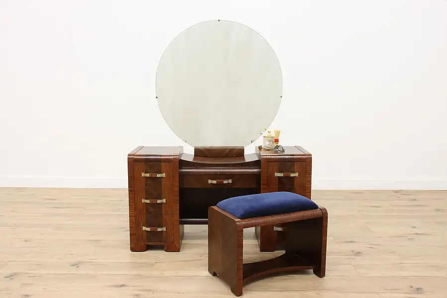 Main image of Art Deco Vintage Waterfall Vanity or Dressing Table, Mirror & Bench