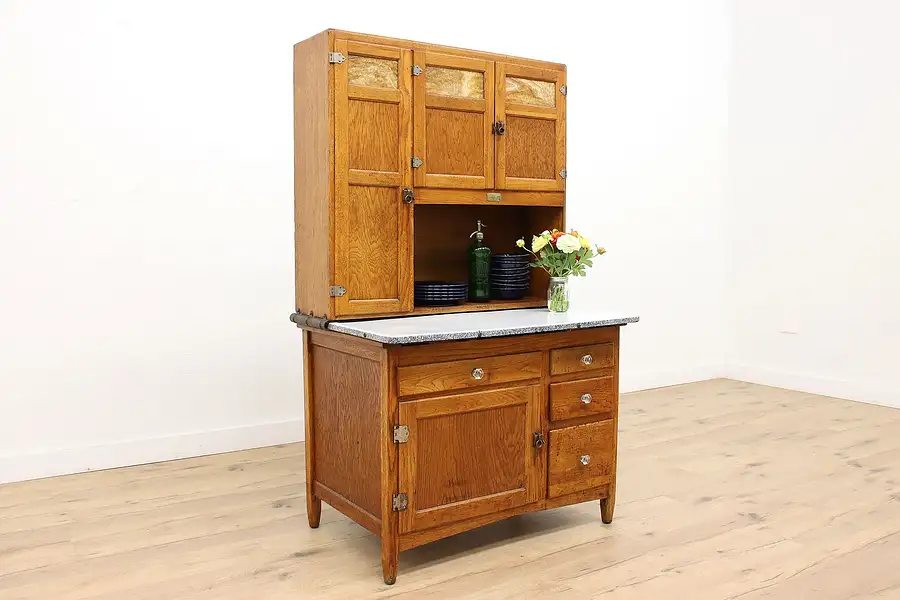 Main image of Farmhouse Antique Oak Kitchen Pantry Cupboard Hoosier Cabinet, Sellers