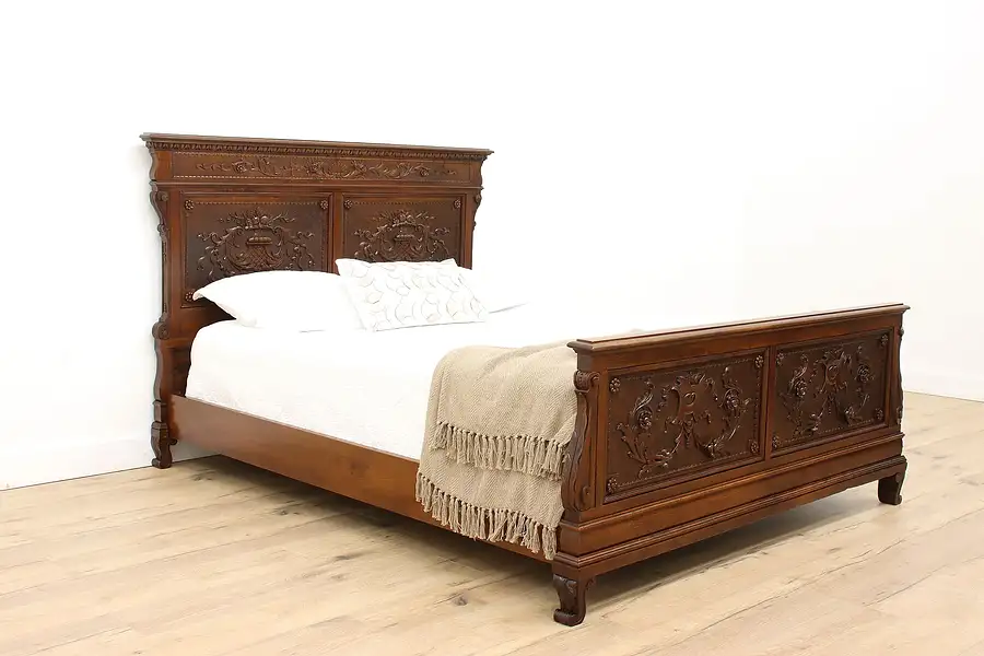 Main image of Italian Renaissance Antique Carved Walnut Queen Size Bed