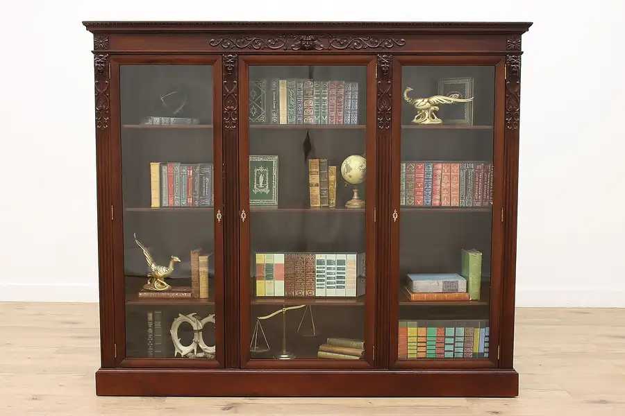 Main image of Mahogany Antique Office or Library Triple Bookcase, Carved Lion Heads