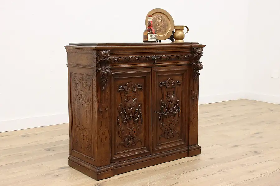 Main image of Black Forest Antique Oak Bar or Hall Cabinet, Carved Lions & Fruit