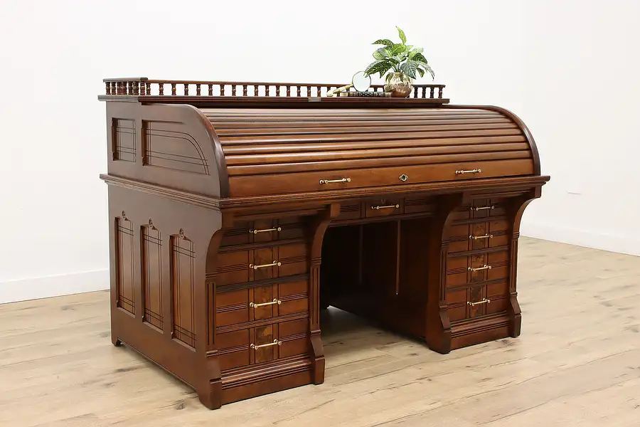 Main image of Victorian Eastlake Antique 66" Walnut & Burl Roll Top Office Desk Andrews