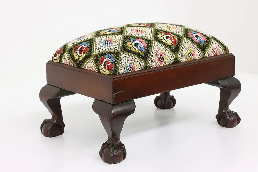 Main image of Georgian Design Antique Mahogany Footstool, Carved Ball & Claw Feet