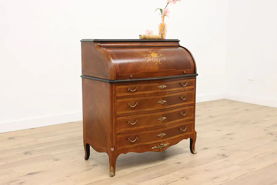 Main image of Rosewood Marquetry Vintage Danish Roll Top Desk, Secret Compartments