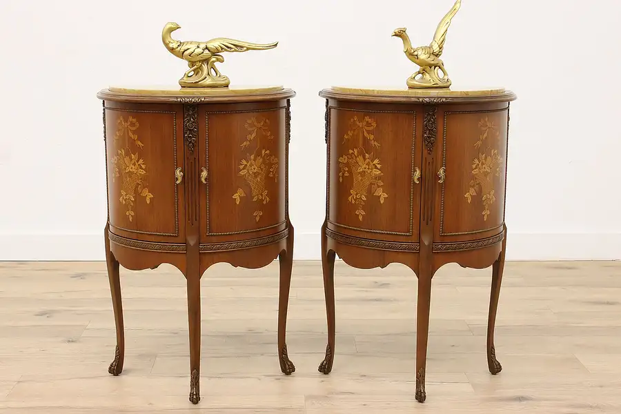 Main image of Pair of French Style Marble & Marquetry Demilune Nightstands, End Tables