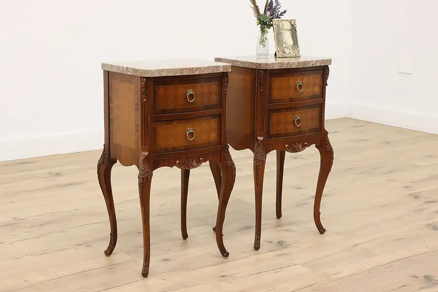 Main image of Pair of French Design Vintage Marquetry Nightstands or End Tables, Marble