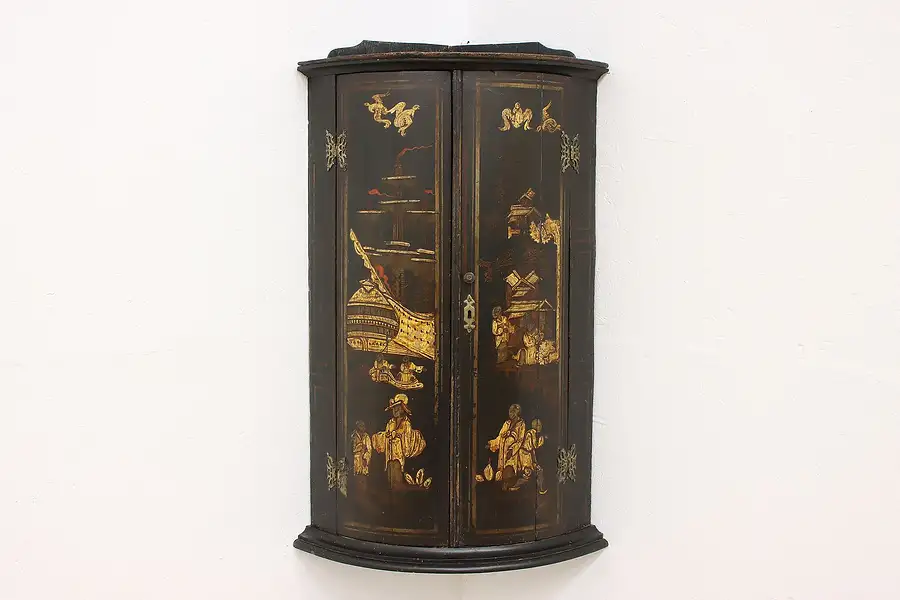 Main image of Victorian Antique Hand Painted Chinoiserie Lacquer Wall Corner Cupboard