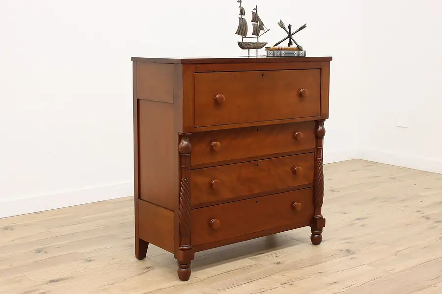 Main image of Sheraton Antique Cherry Four Drawer Dresser or Chest, Spiral Columns