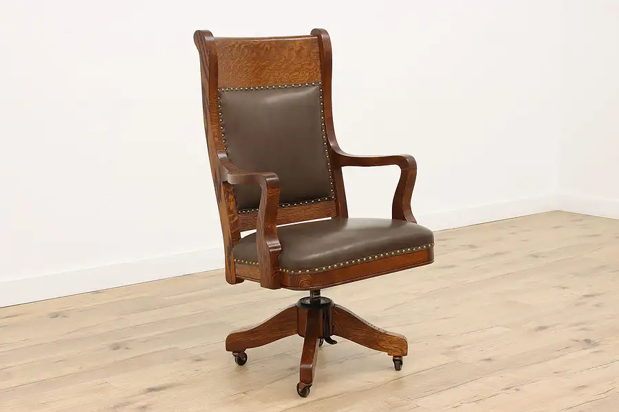 Main image of Leather & Oak Antique Adjustable Office or Library Desk Chair, Crocker