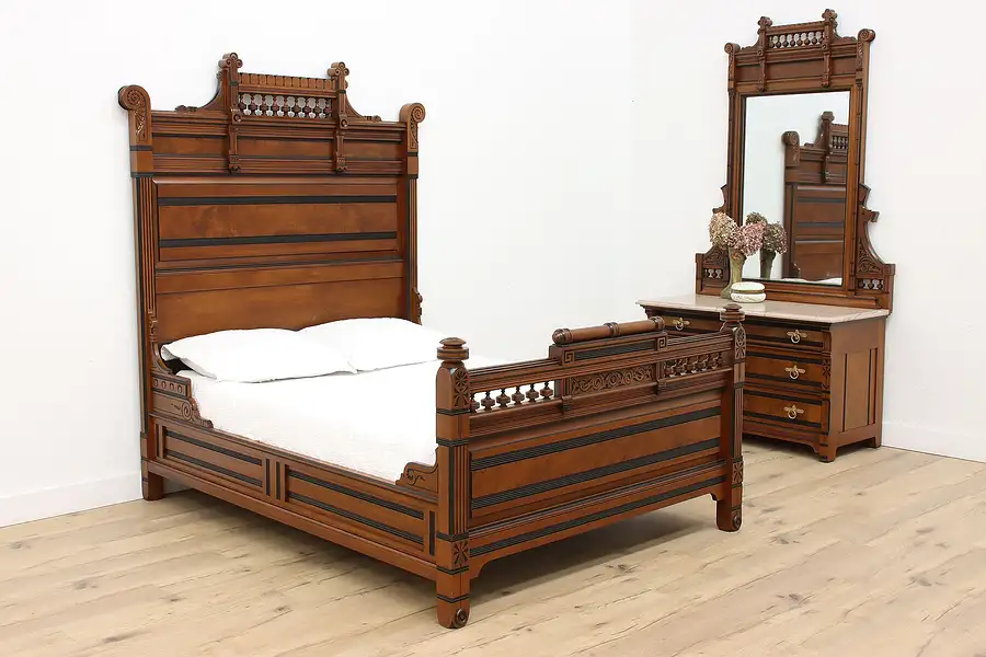 Main image of Victorian Eastlake Antique Walnut & Marble 2 Pc Bedroom Set, Full Size