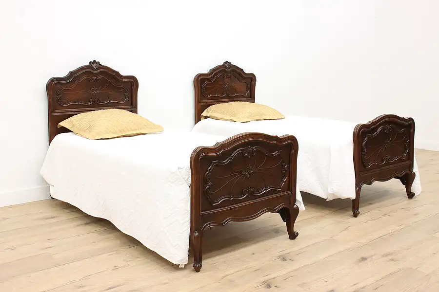 Main image of Pair of Italian Piedmont Antique Carved Walnut Twin or Single Beds