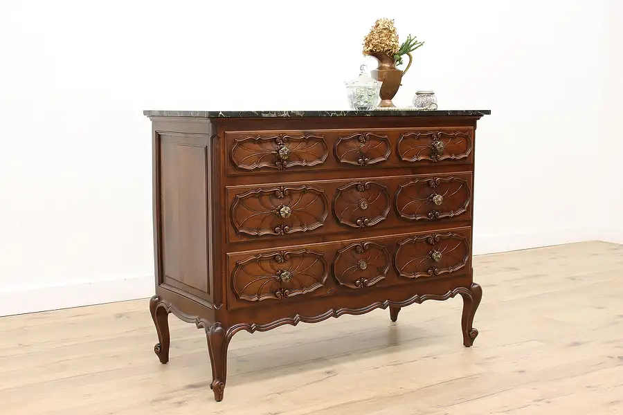 Main image of Italian Piedmont Antique Carved Walnut Dresser or Chest, Black Marble Top