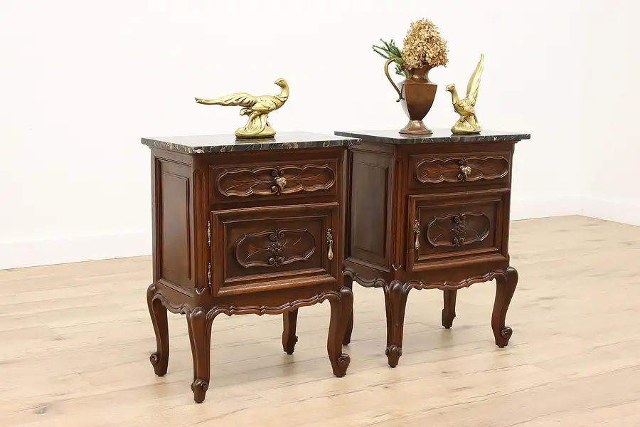 Main image of Pair of Italian Piedmont Antique Carved Walnut Nightstands, Marble Tops