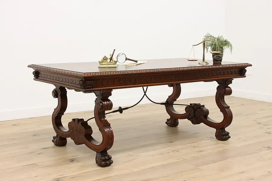 Main image of Spanish Colonial Vintage Carved Library Desk or Dining Table, Sanchis