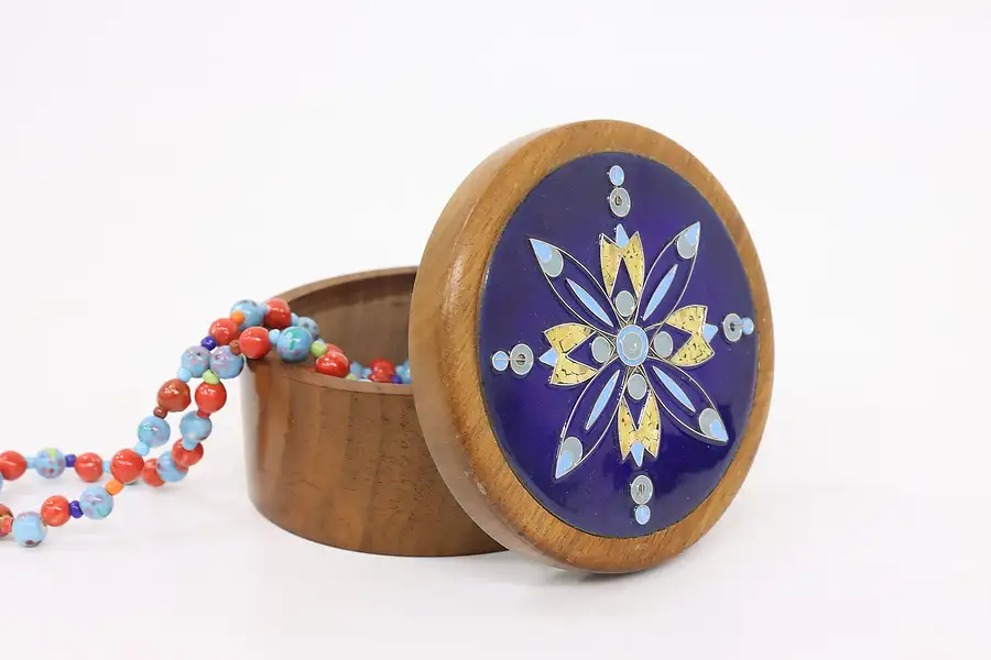 Main image of Cloisonne Enamel Vintage Walnut Trinket or Jewelry Box