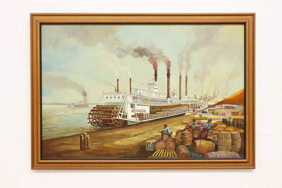 Main image of Steamboats on the Mississippi Vintage Original Painting, Lincoln 39.5"