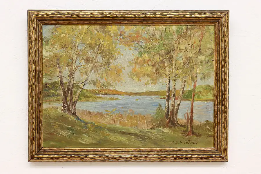 Main image of Autumn Lake & Marsh Antique Original Oil Painting, Heubacher 21"