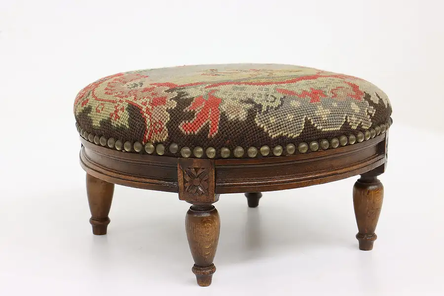 Main image of French Antique Carved Round Footstool, Needlepoint & Petit Point