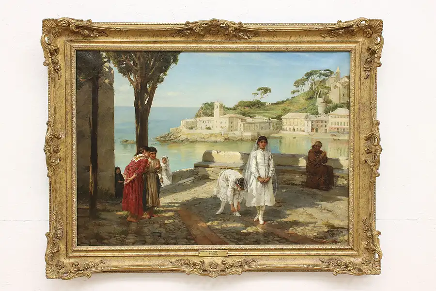 Main image of Italian Seashore & Children Antique 1882 Original Oil Painting Topham 36"