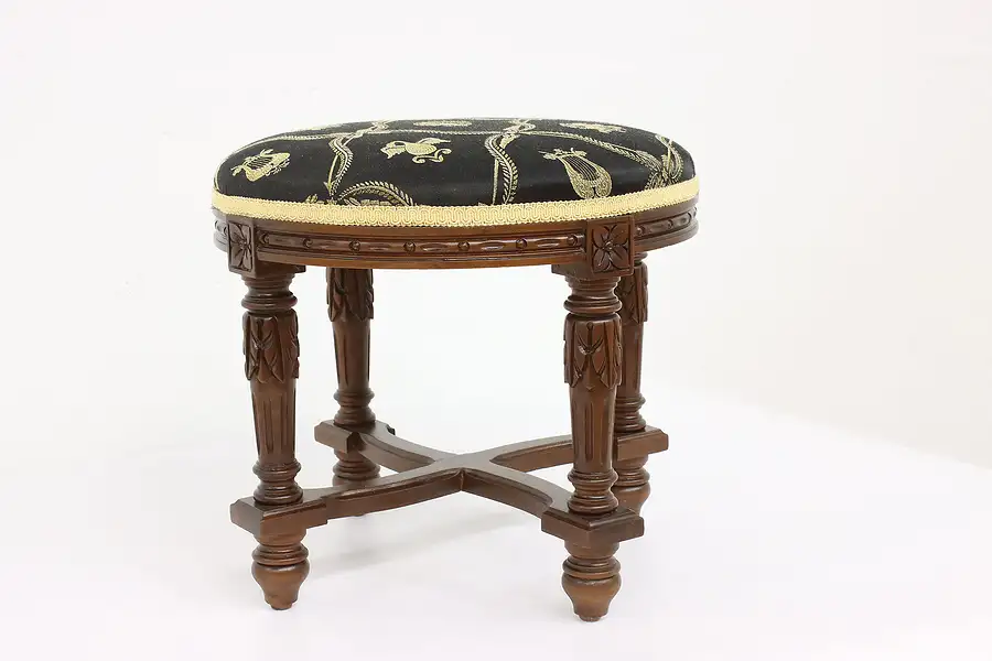 Main image of Neoclassic Antique Carved Walnut Footstool, New Upholstery