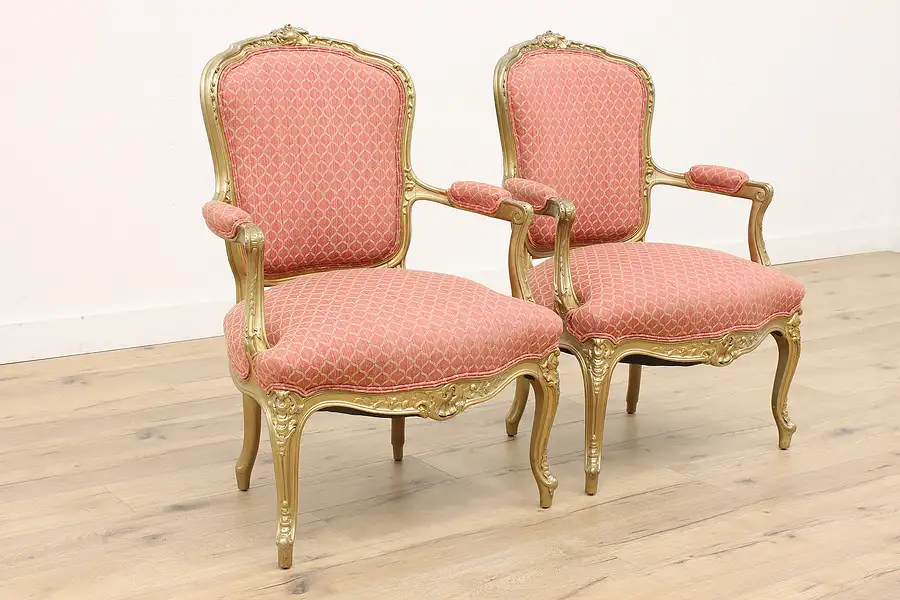 Main image of Pair of French Antique Carved & Gilt Chairs, Recent Upholstery