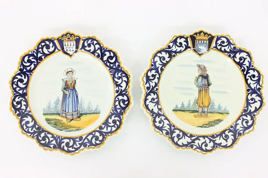 Main image of Pair of Painted Vintage Henriot Quimper Cabinet Plates, Brittany France