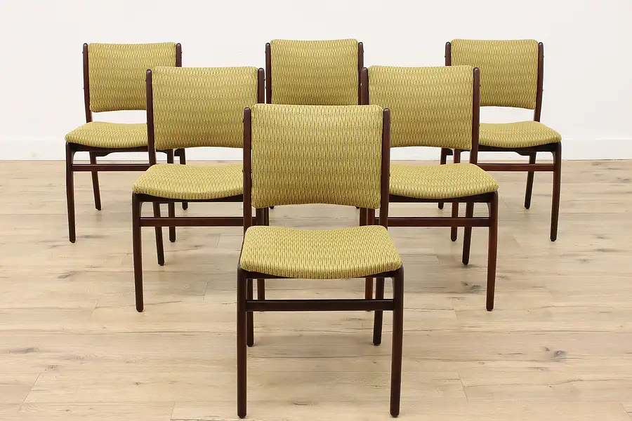 Main image of Set of 6 Midcentury Modern Vintage Mahogany Dining Chairs, New Upholstery