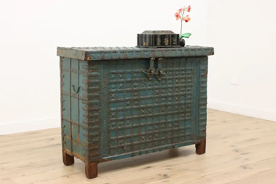 Main image of Indian Antique Painted Teak Dowry Trunk, Wrought Iron Bindings & Mounts