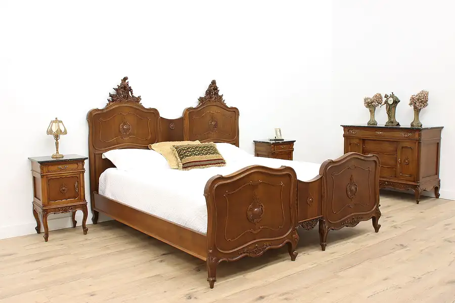 Main image of French Antique Carved Walnut 4 Pc Bedroom Set, King Size Bed