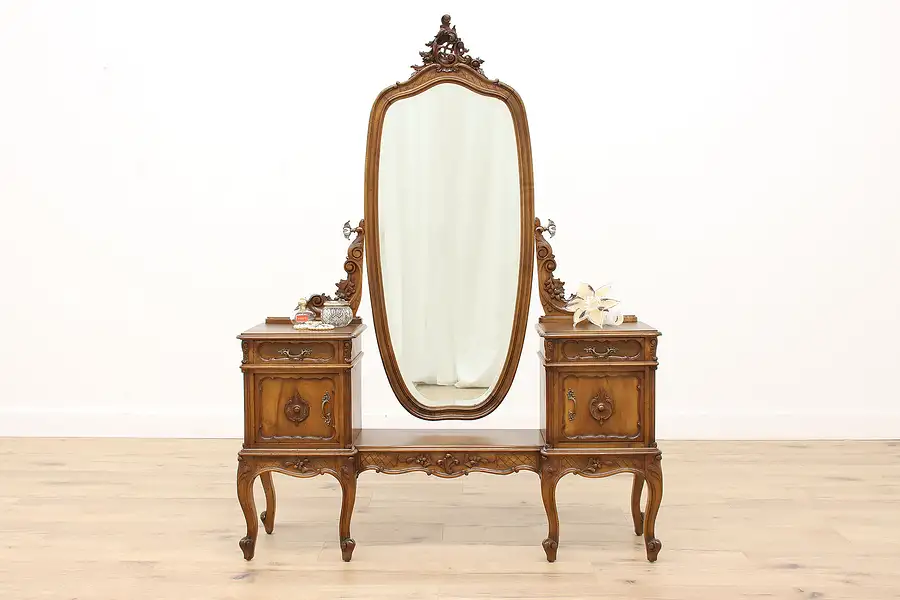 Main image of French Antique Carved Walnut Vanity or Dressing Table, Mirror