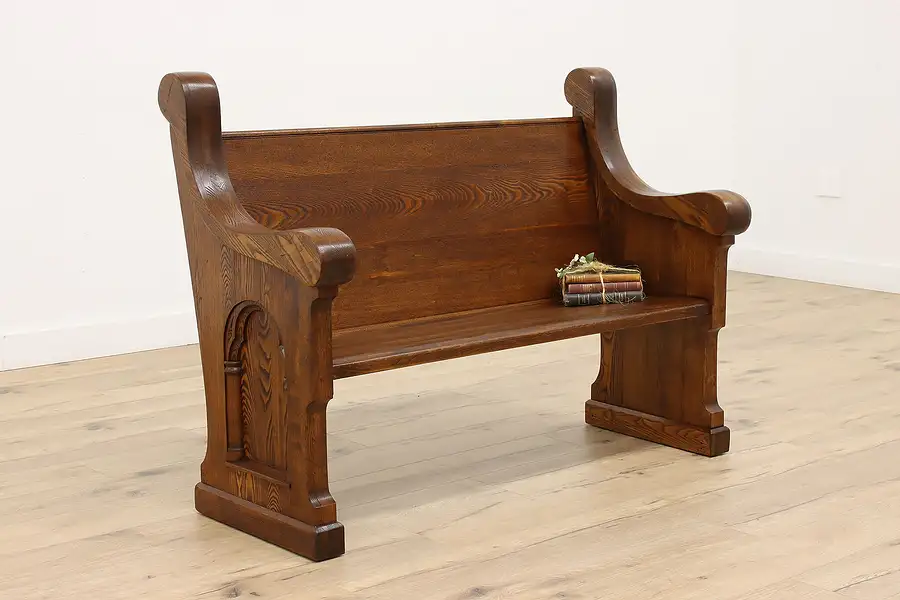 Main image of Gothic Carved Antique Ash & Elm Church Pew or Hall Bench