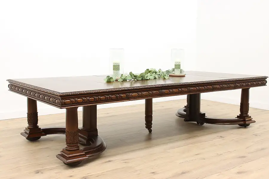 Main image of Monumental Antique Carved Oak 60" Square Dining Table, Extends 130"