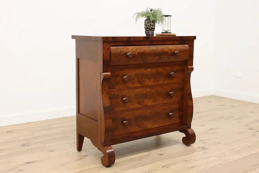 Main image of Empire Antique 1840s Flame Grain Mahogany Chest of Drawers or Dresser