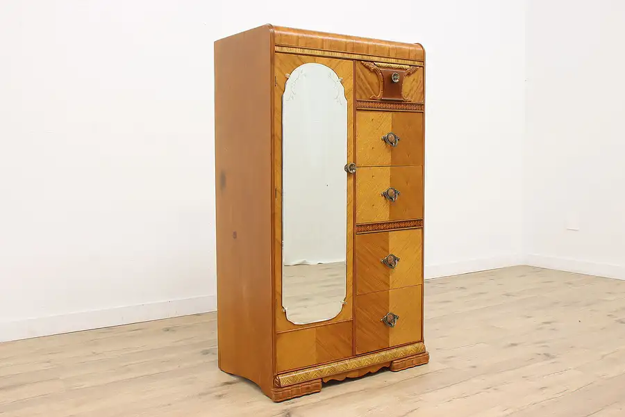 Main image of Art Deco Vintage Mahogany Chifferobe, Armoire, or Closet, Mirror