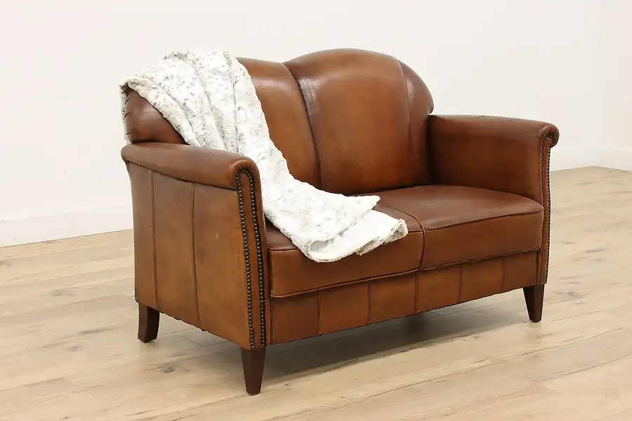 Main image of Art Deco Vintage French Sheepskin Leather Loveseat, Brass Nailheads