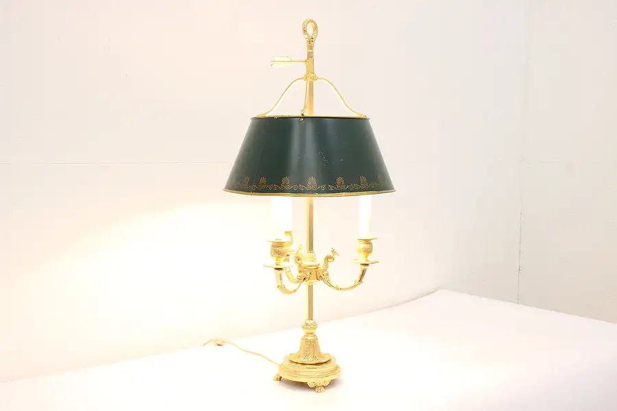 Main image of Bouillotte Vintage Gold Plated Lamp, Tole Painted Shade, Dolphins