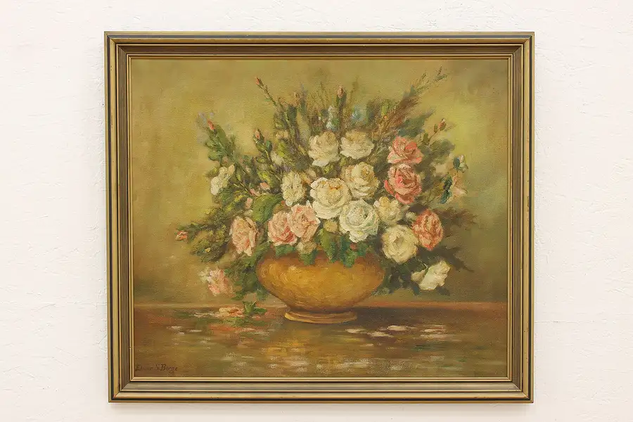 Main image of Still Life of Roses in Vase Vintage Original Oil Painting, Berge 32"