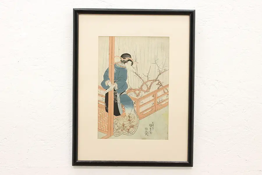 Main image of Japanese Antique Ukiyo-e Style Geisha & Letter Woodblock Print 22"