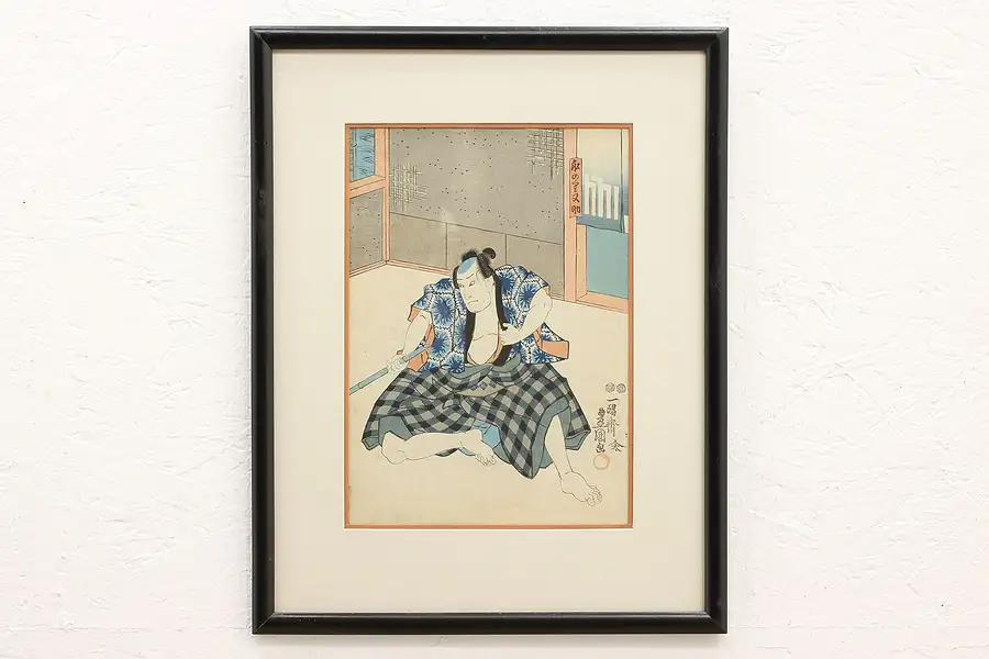 Main image of Japanese Antique Ukiyo-e Style Samurai Woodblock Print 21.5"