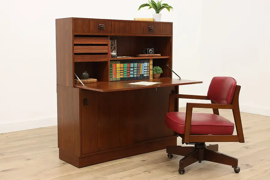 Main image of Midcentury Modern Vintage Danish Rosewood Drop Front Secretary Desk, Bar