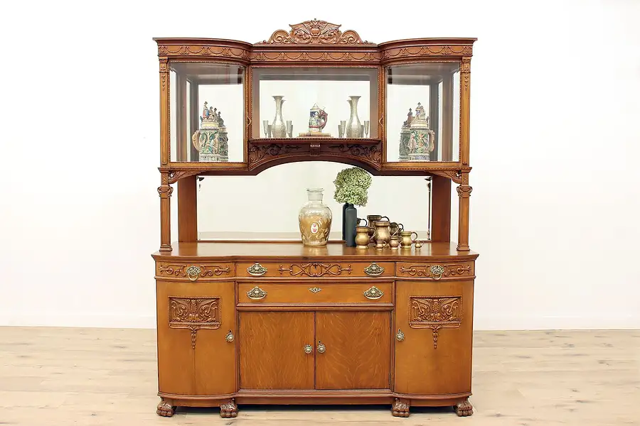 Main image of Victorian Antique Carved Oak Backbar, Sideboard, Server, Lion Paw Feet