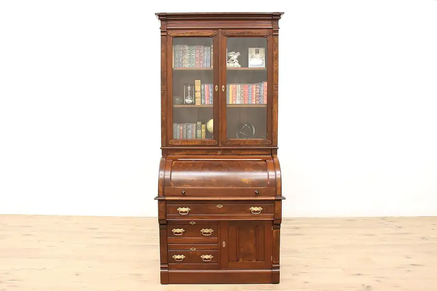 Main image of Victorian Eastlake Antique Walnut Cylinder Roll Secretary Desk & Bookcase