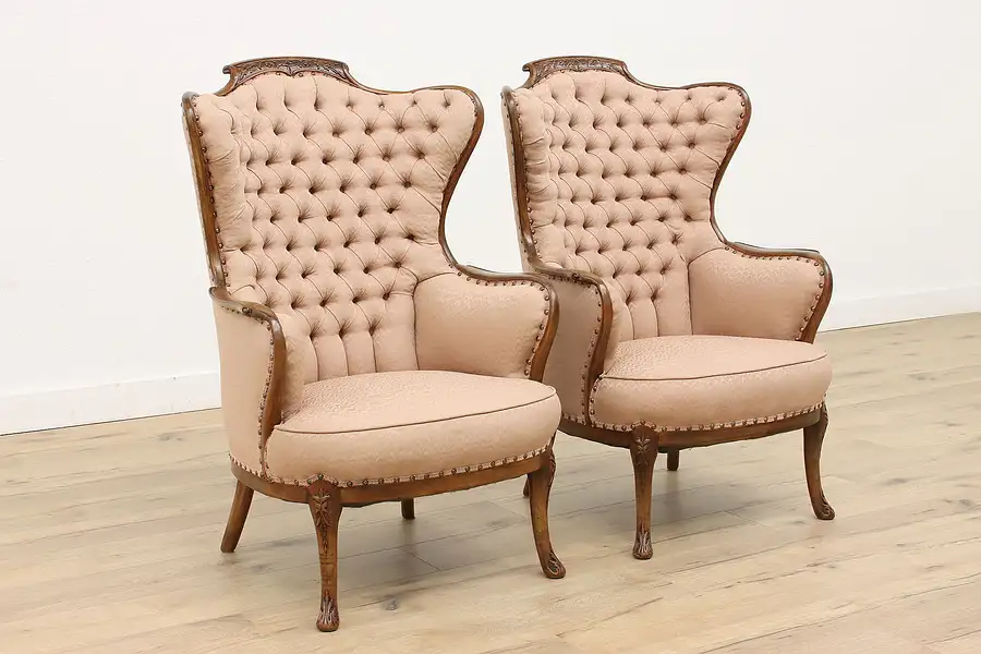 Main image of Pair of French Design Vintage Carved Wingback Chairs