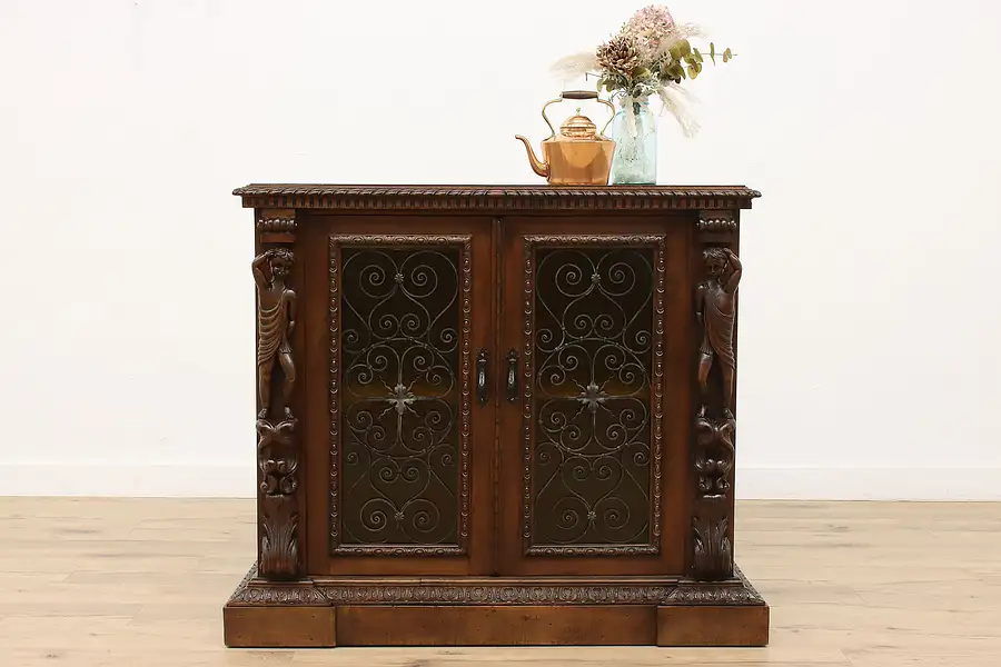 Main image of Renaissance Antique Italian Walnut Bar or Hall Cabinet, Carved Sculptures