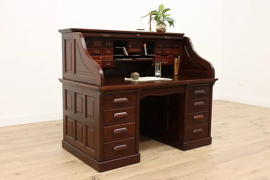 Main image of Mahogany Antique Roll Top Office Desk, Raised Panels, File Drawer