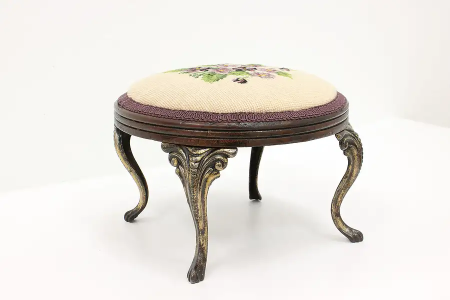 Main image of Victorian Antique Pine & Iron Footstool, Handstitched Needlepoint