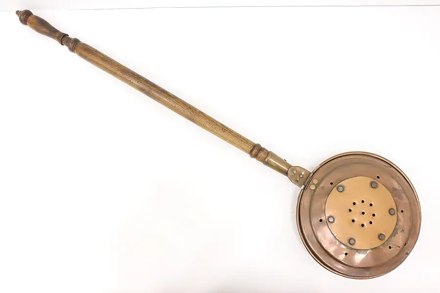 Main image of Victorian Antique Farmhouse Copper Bed Warmer Pan, Elm Handle